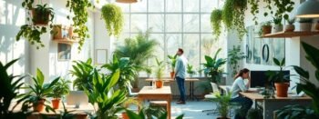 Bureau écologique avec des plantes et lumière naturelle.