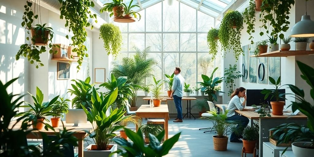 Bureau écologique avec des plantes et lumière naturelle.