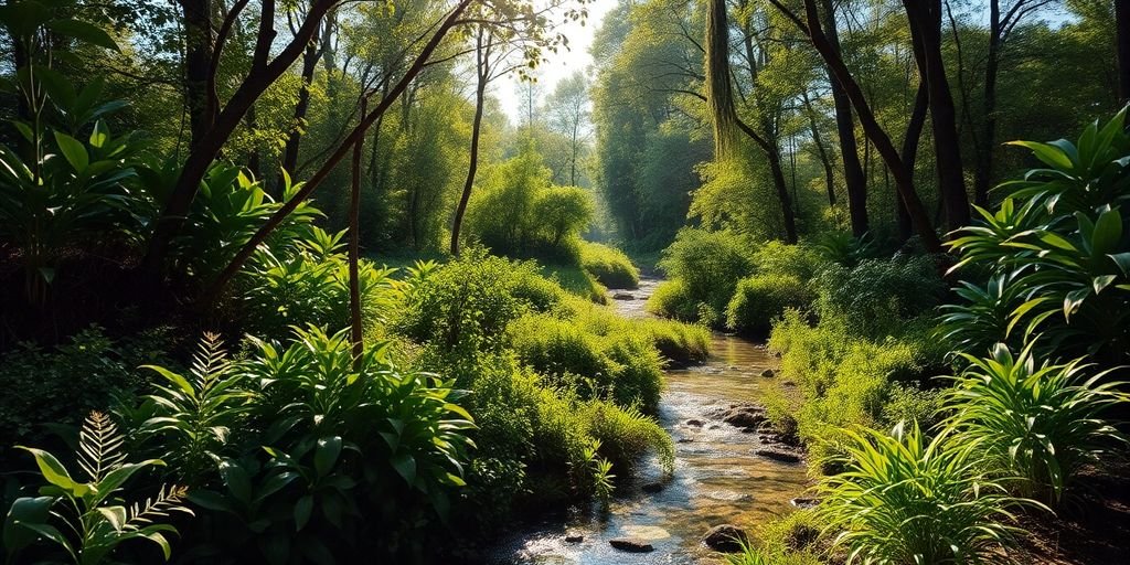 Paysage verdoyant avec faune et flore diversifiées.